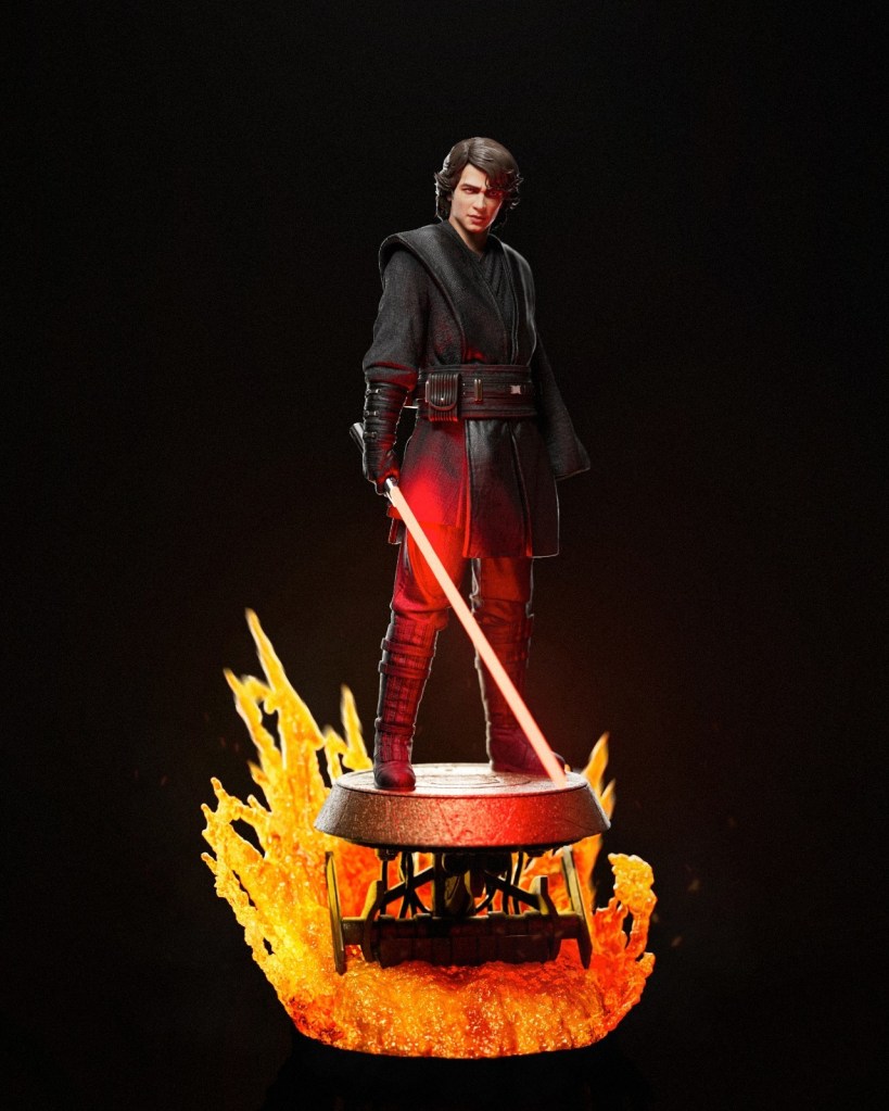 A figure of a character holding a red lightsaber, standing on a platform surrounded by fiery orange flames against a dark background.